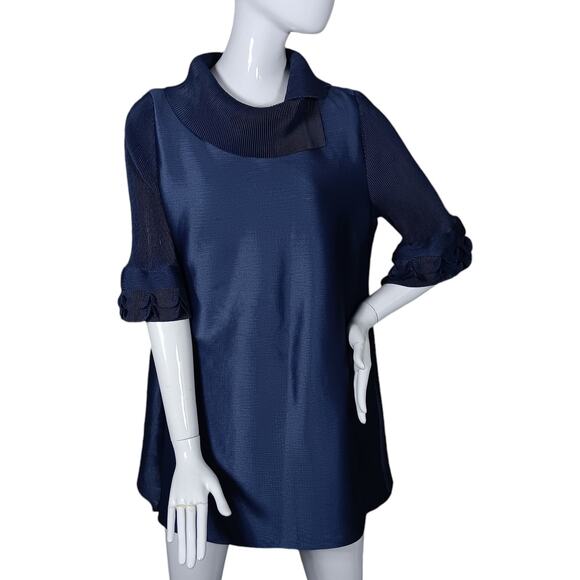 no brand Dresses & Skirts - Pleated Fabric Mini Dress Navy Blue Size Medium Gathered Cuffs to 3/4 Sleeves